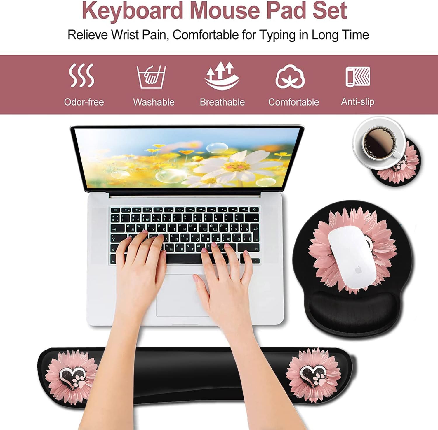 Mouse Pad with Wrist Support, Ergonomic Gel Mouse Pad, Memory Foam Keyboard Wrist Rest,for Office Typing Games, Sunflower and Dog Paw Print Pet and Pink Flowers Desktop Decoration