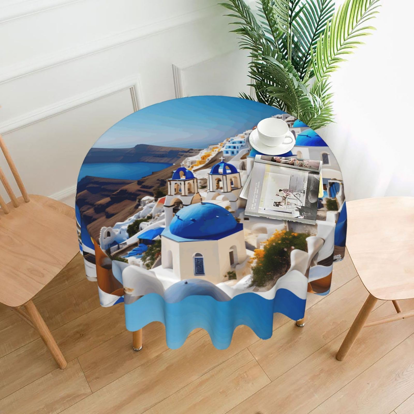 Nbtghga Santorini Greek Island Sea View Print Tablecloth Round Border Table Cloth Cover Decorative For Party Holiday Dinning Tabletop Home
