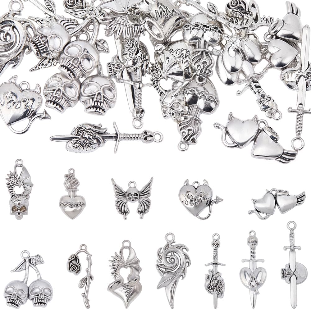 24Pcs 12 Styles Gothic Charms Bulk Tibetan Antique Silver Goth Pendants Skull Devils Heart Sword Wing Owl Butterfly Rose Charms for DIY Necklace Bracelet Earring Craft Jewelry Making
