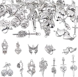 BEAMARKER 24Pcs 12 Styles Gothic Charms Bulk Tibetan Antique Silver Goth Pendants Skull Devils Heart Sword Wing Owl Butterfly Rose Charms for DIY Necklace Bracelet Earring Craft Jewelry Making
