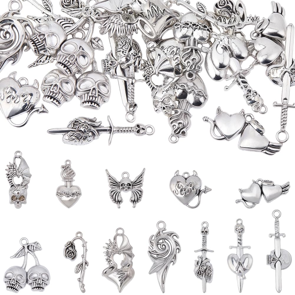 BEAMARKER 24Pcs 12 Styles Gothic Charms Bulk Tibetan Antique Silver Goth Pendants Skull Devils Heart Sword Wing Owl Butterfly Rose Charms for DIY Necklace Bracelet Earring Craft Jewelry Making