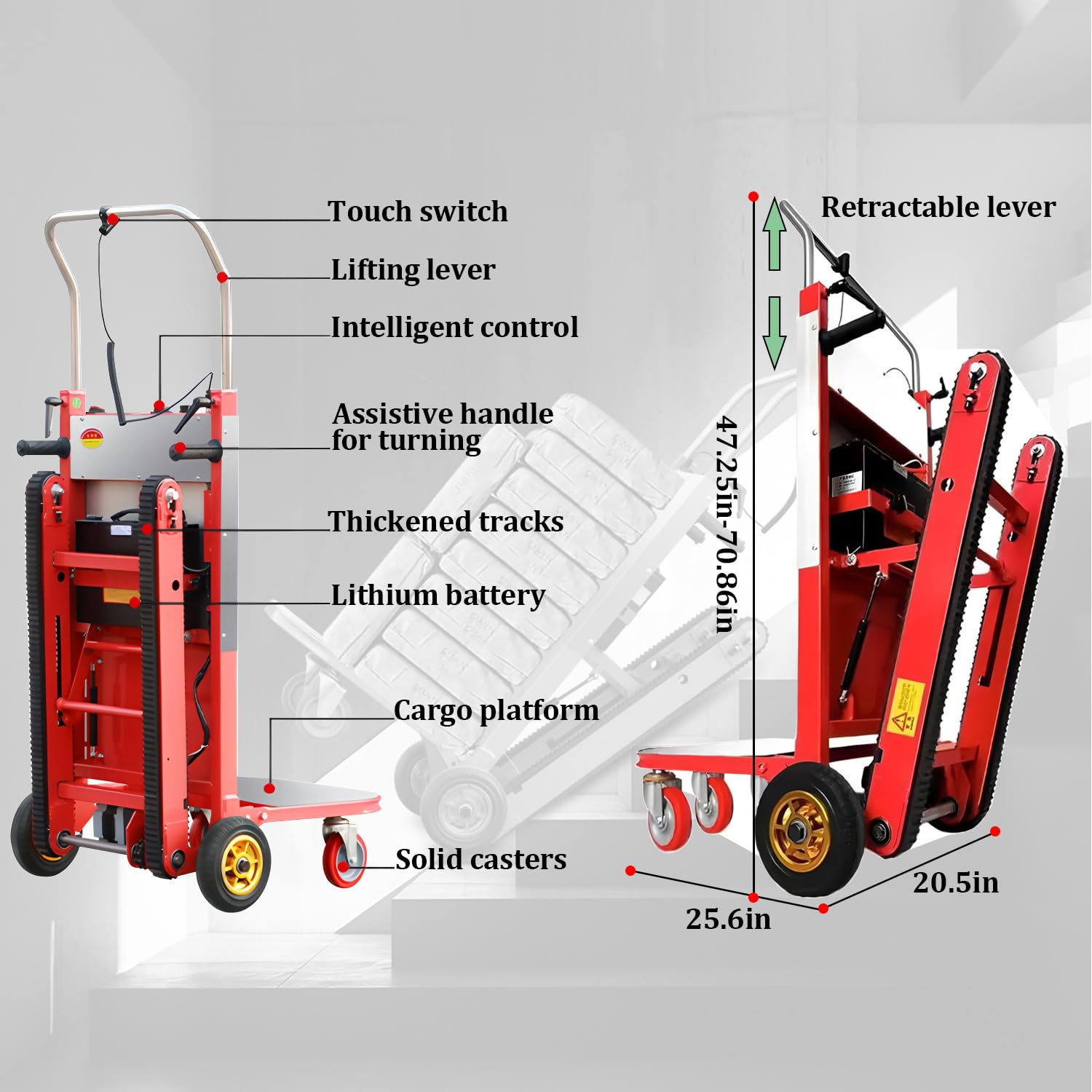 Carretilla Eléctrica para Escaleras 1000lbs/450kg Capacidad Motor 1500W Sin Escobillas Ideal Batería 48V/42A 6-8H Autonomía para Mudanzas Almacén Logística