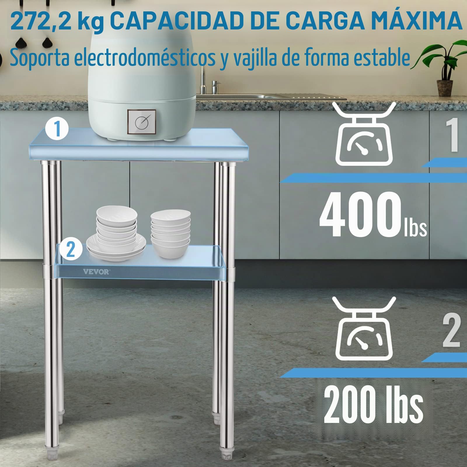 VEVOR Mesa de Trabajo de Acero Inoxidable 61 x 46 x 91 cm Mesa de Preparación de 2 Niveles Carga de 272,4 kg Mesa de Cocina Estante Ajustable en Altura para Cocina Restaurante Bar Garaje al Aire Libre