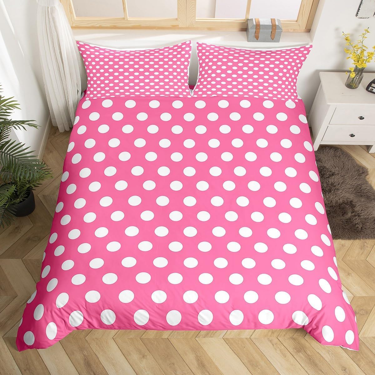 Juego de ropa de cama con diseño de lunares, color rosa y blanco, estampado geométrico, tamaño M, para niños y niñas, arte moderno y sencillo, incluye 1 funda nórdica de 155 x 220 cm y 1 funda de