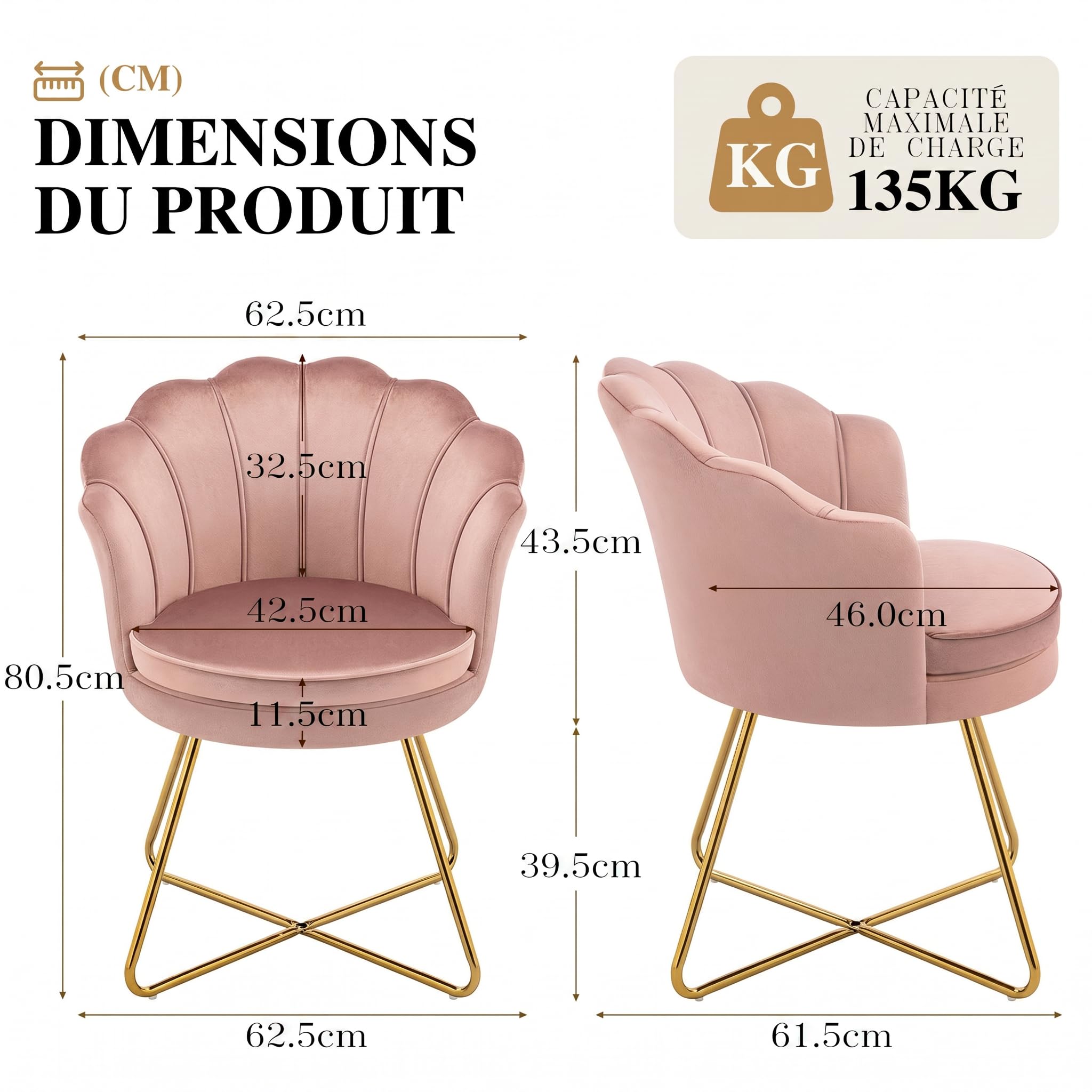 Hellove Chaise Coiffeuse Velours Doré | Fauteuil Salon Confortable, Chaise Coquillage Rose pâle avec Pieds Métal Or, Fauteuil Coiffeuse Idéale pour Salon, Chambre, Lecture, Tabouret Coiffeuse
