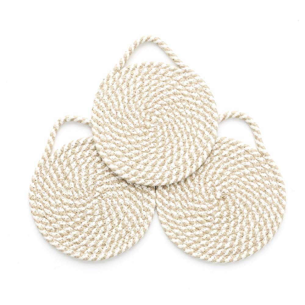 Cotton Thread Pot Trivet, Braided Cup Coaster for Kitchen, Multi-use for Hot Pan, Dish and Bowl, with Stylish Hanging Loop Set of 3 Diameter 7 Inches