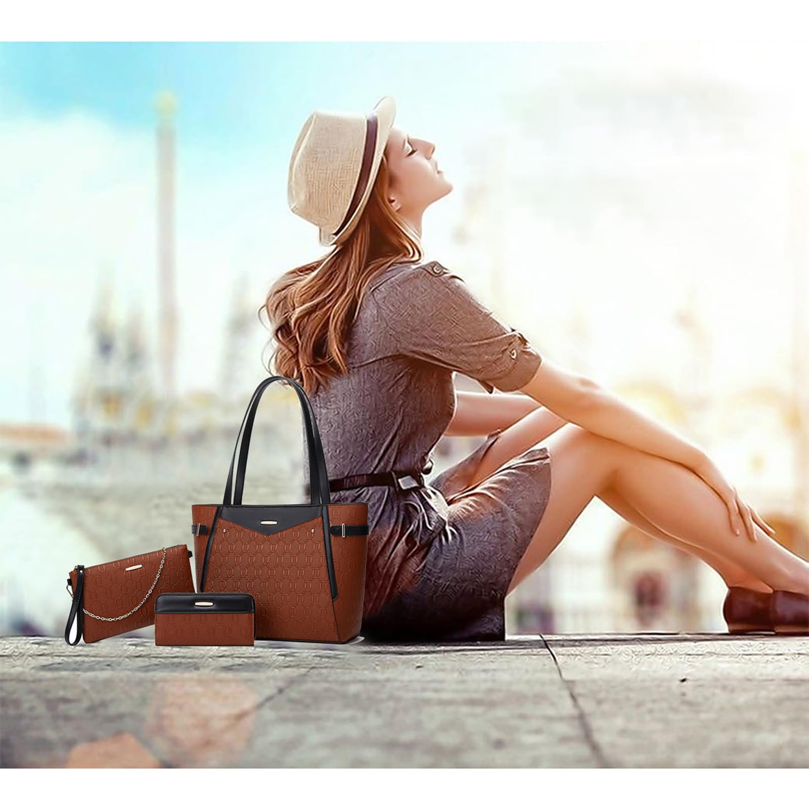 DEERWORD Donna Borse a Mano Borsa a Spalla Elegante Grandi Firmate Marca Tracolla Antifurto PU pelle 79235 3 pz Marrone