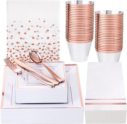 Miniatura 8 de Festiva 176 platos de plástico de Navidad resistentes, vajilla desechable de Navidad, incluye 50 platos, 25 cubiertos de plástico, 25 tazas, 25