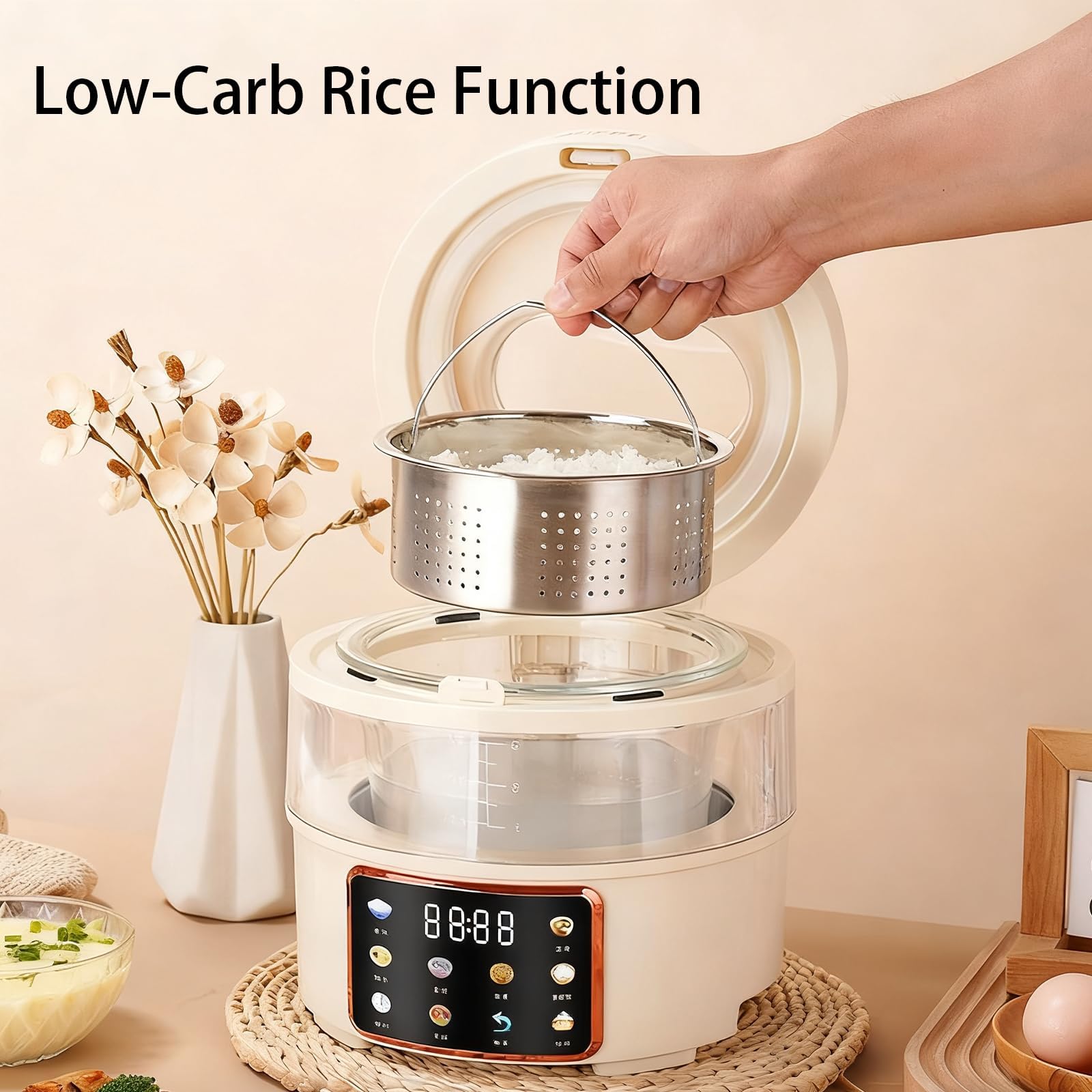 Arrocera de vidrio de 2 litros con cesta de filtro automático, control táctil, temporizador de 24 horas, ideal para cocinar arroz, granos y avena