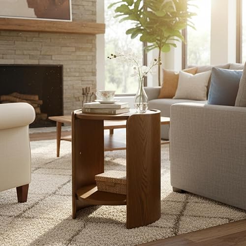 Miniatura 8 de DUOMAY Mesa auxiliar de madera, mesa auxiliar redonda de 15.5 pulgadas de ancho con estante de almacenamiento, mesita de noche moderna de mediados