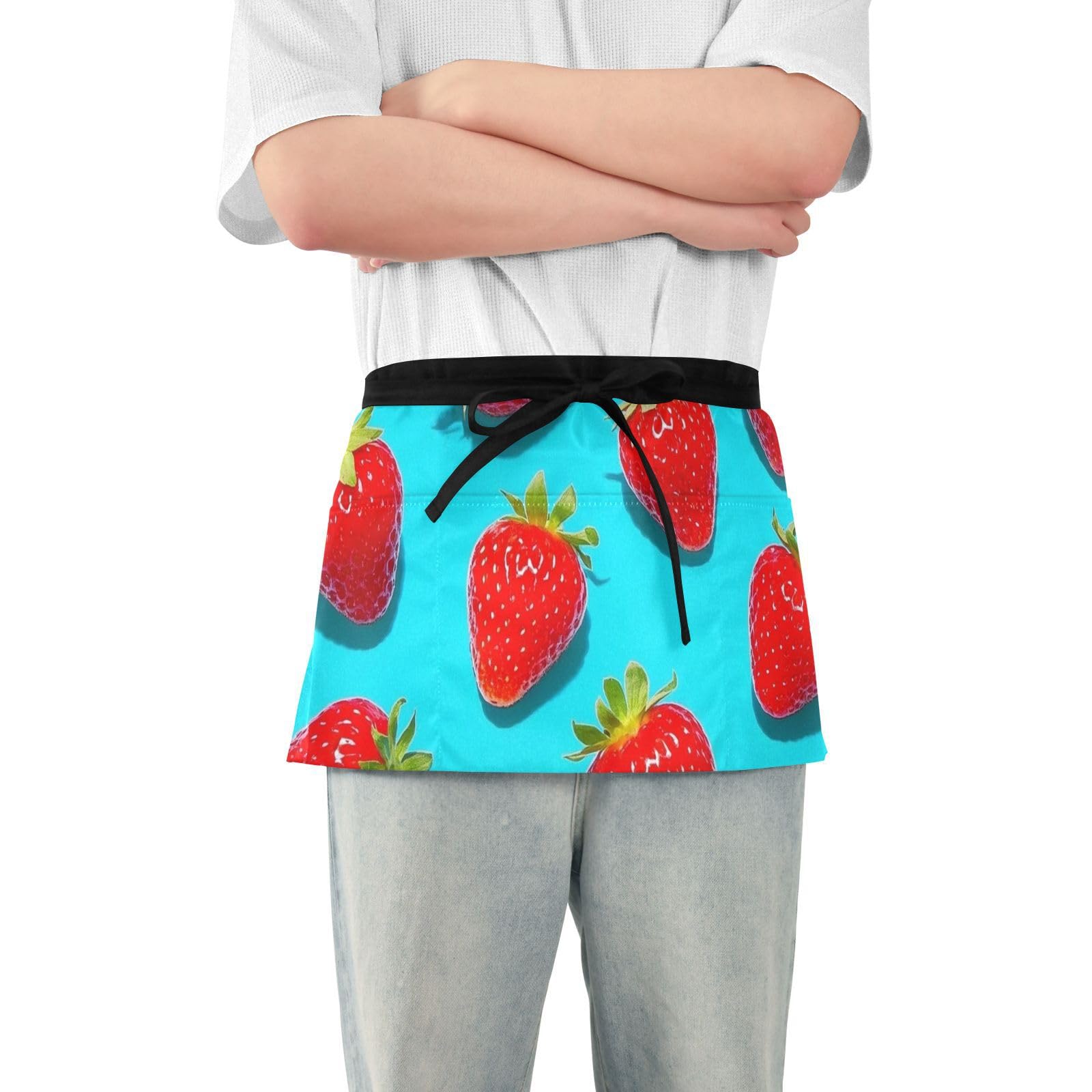 FASHON&FASCIN Server Apron with Pockets Waist Aprons Half Waitress Apron Strawberry Pattern for Gardening Restaurant,Multi1