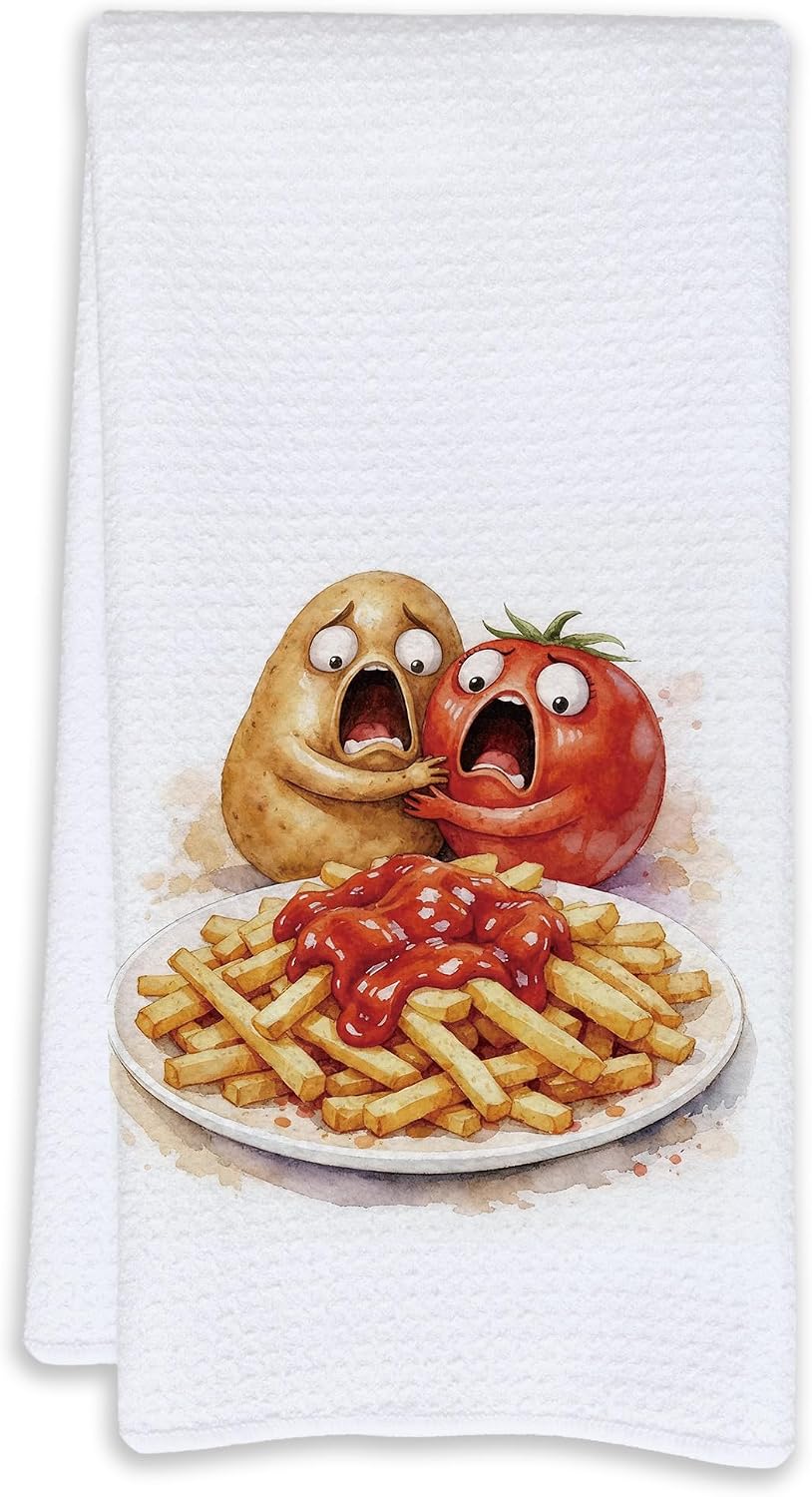 Funny Potato Tomato Kitchen Towels, Foodie Gifts for Women Men, Whimsical Fries and Ketchup Dish Tea Hand Towels for Kitchen Dining Room Decor, 16x24 Inch
