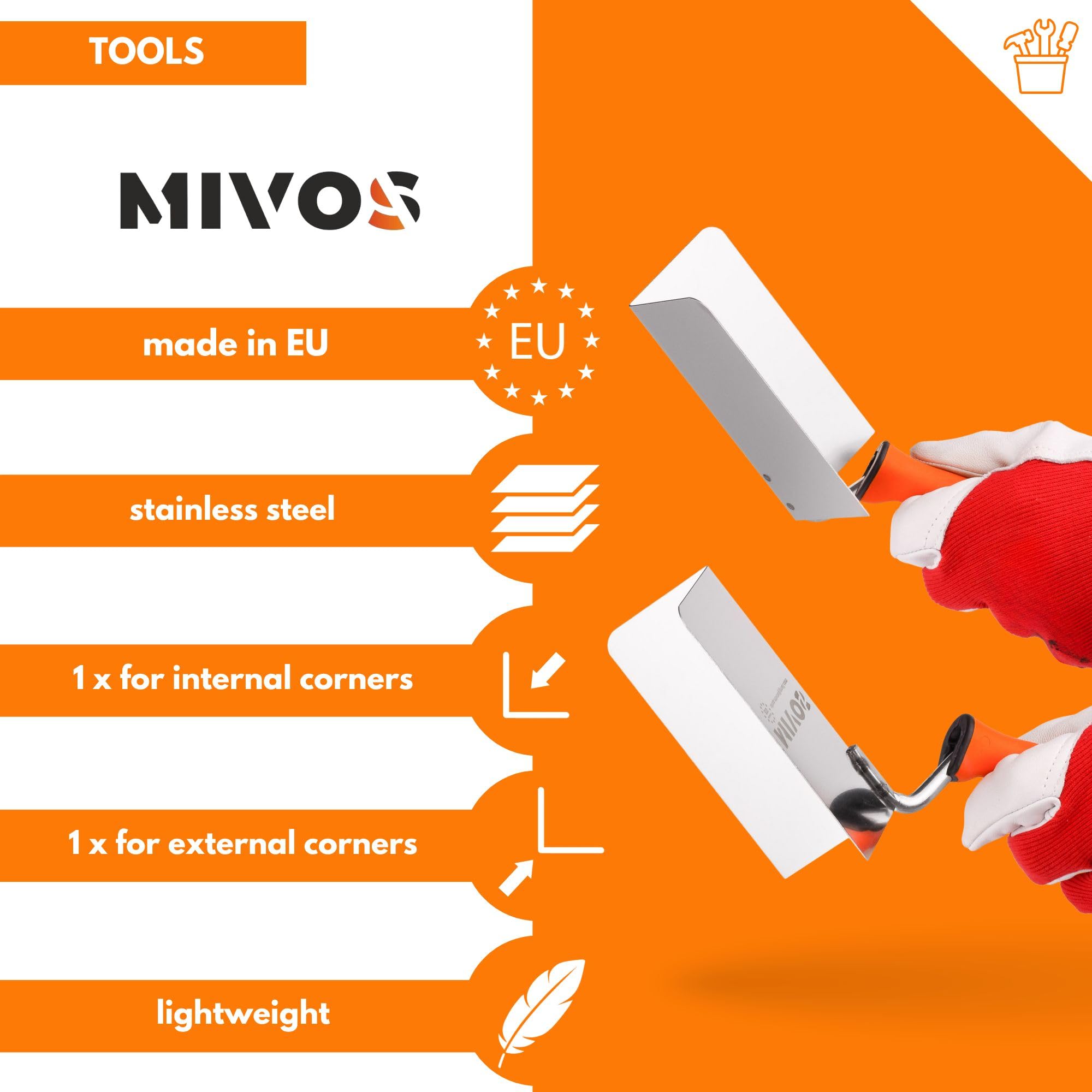 Mivos 2 x Corner Trowel Rustproof 120 x 60 mm, Inner Corner Trowel and Outer Corner Trowel Made of Stainless Steel - Image 2
