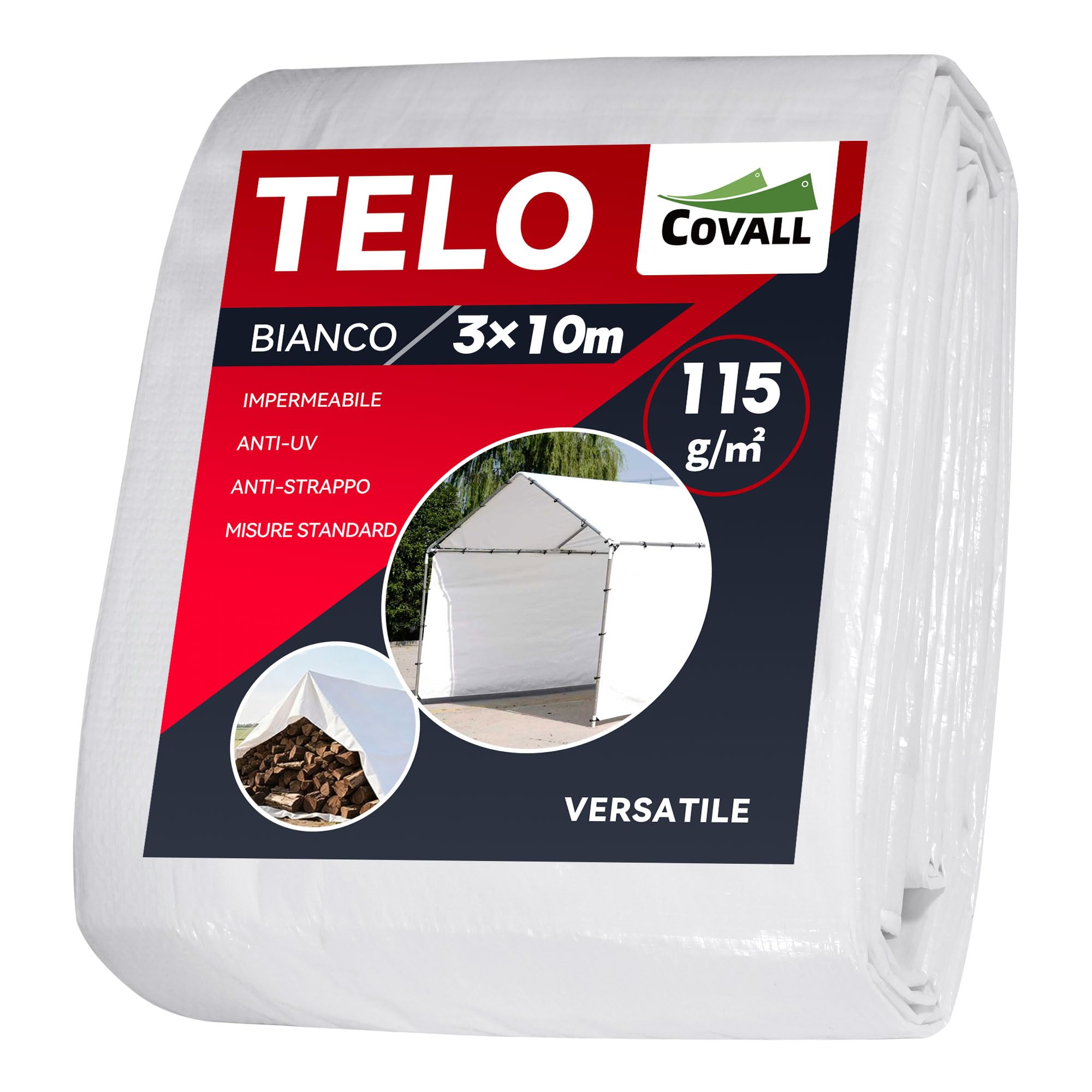 COVALL Telone Impermeabile per Esterno 3x10m, HDPE 115g/㎡ Rinforzato con Occhielli, Anti-UV, Copertura per Piscina, Auto, Mobili da Giardino, Bianco