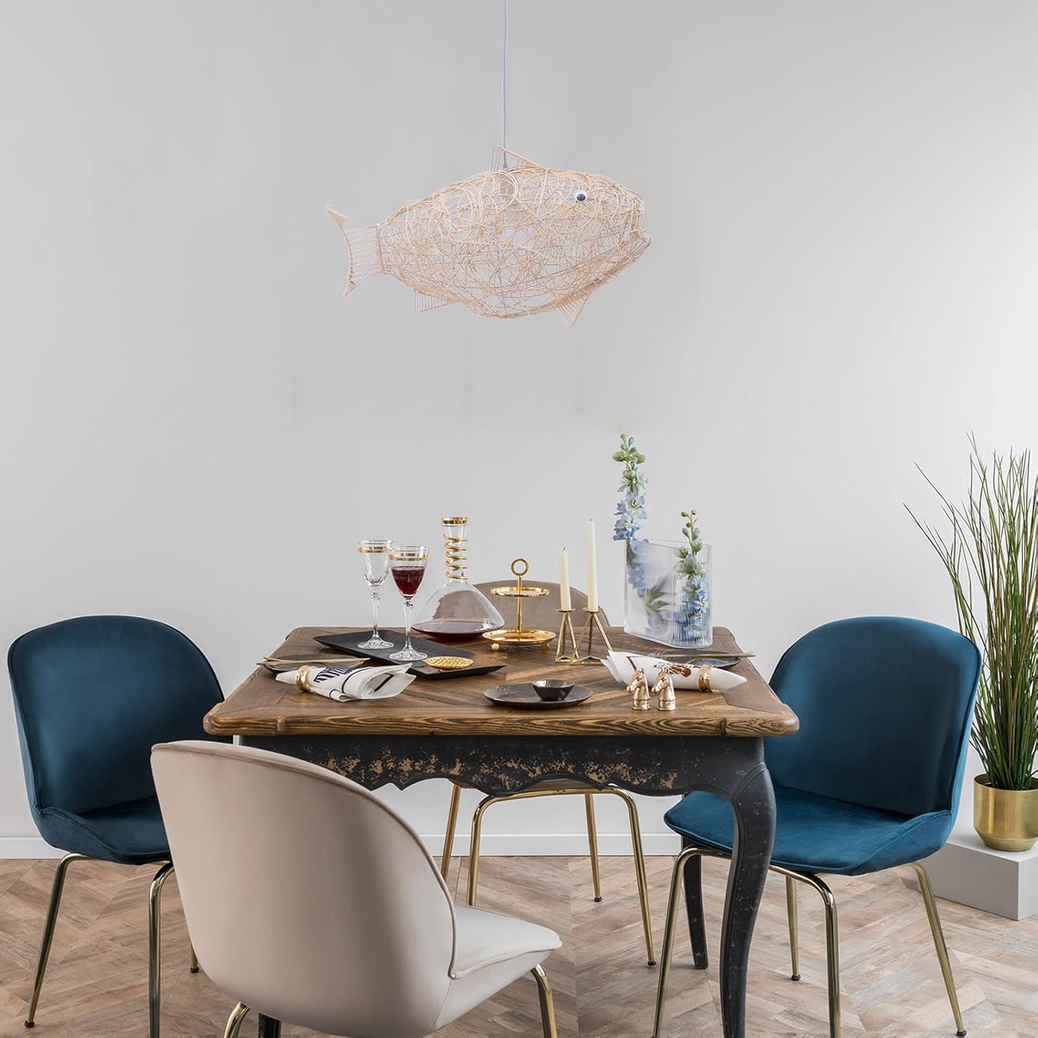 OUKANING 24inch Fish-Shaped Lantern Pendant Lighting Rattan Light, Weaving Natural Wicker Ceiling Hanging Light Woven Chandelier with Adjustable Cord for Dining Room Living Room Restaurant