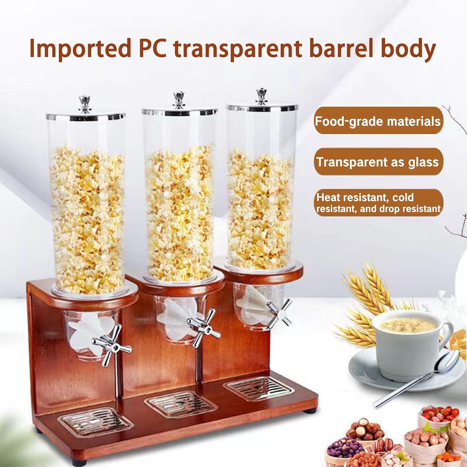 12 Liter Cereal Dispenser Countertop, Wooden base, Rotating Dry Food Dispenser for Cereal, Rice, Grains, Candy, Coffee Beans (Three grids) (Yellow wood, 12L)