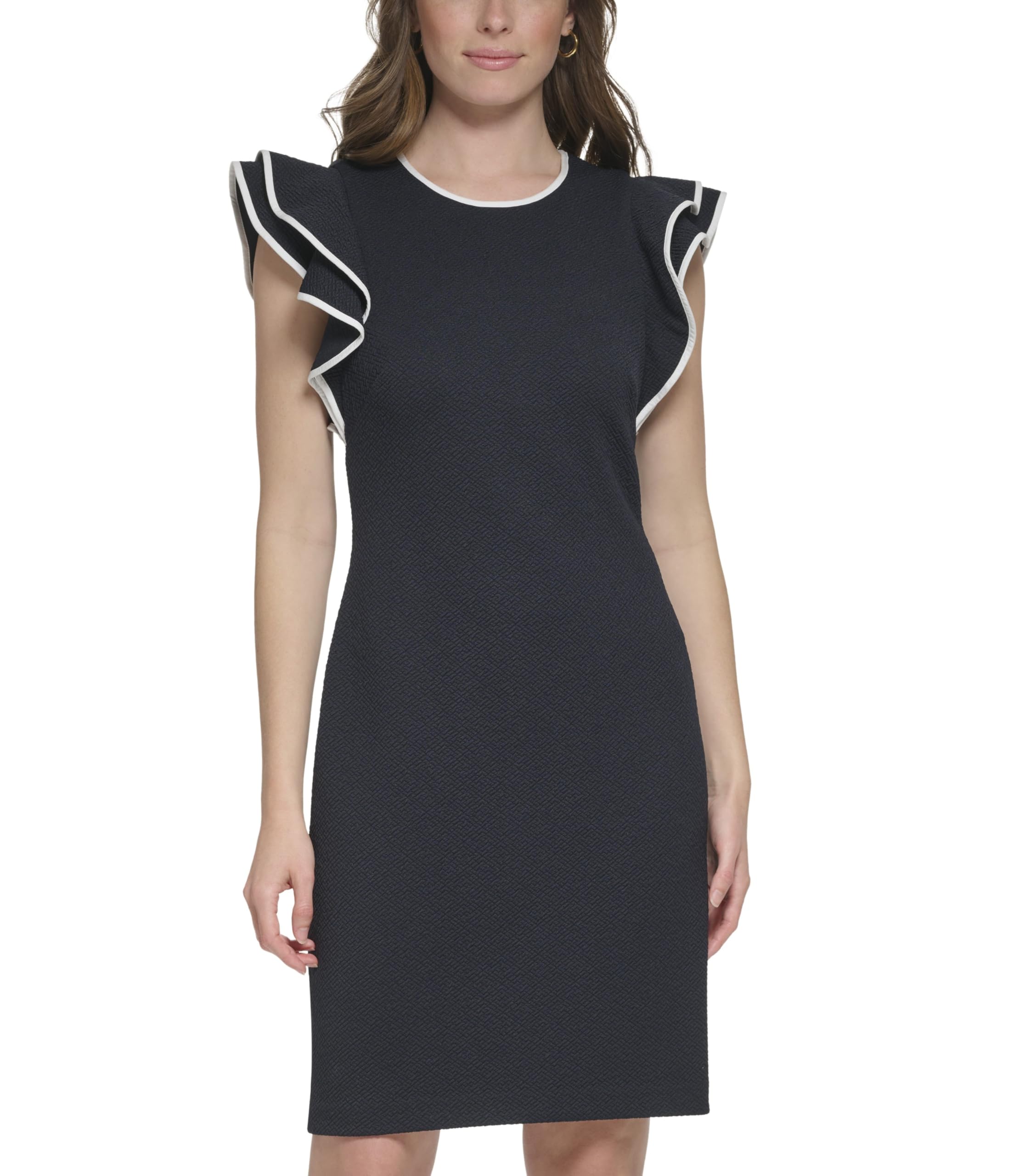 Tommy Hilfiger Women's Sleeveless Ruffle Hem Jewel Neck Crepe Sheath Mini Dress