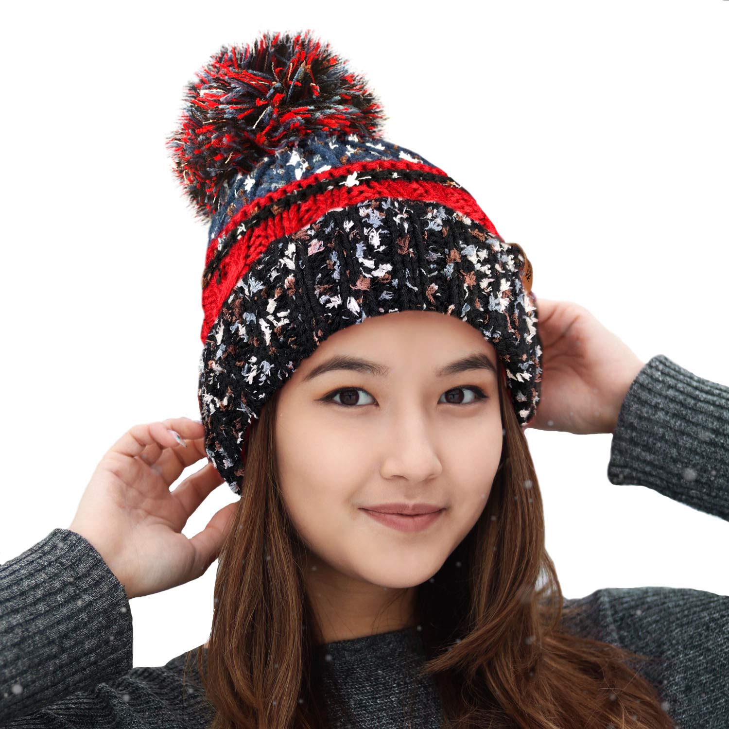 Rockjock Unisex Black/Red R80 Thermal Insulating Ribbed Beanie Bobble Hat With Cosy Fleece Lining