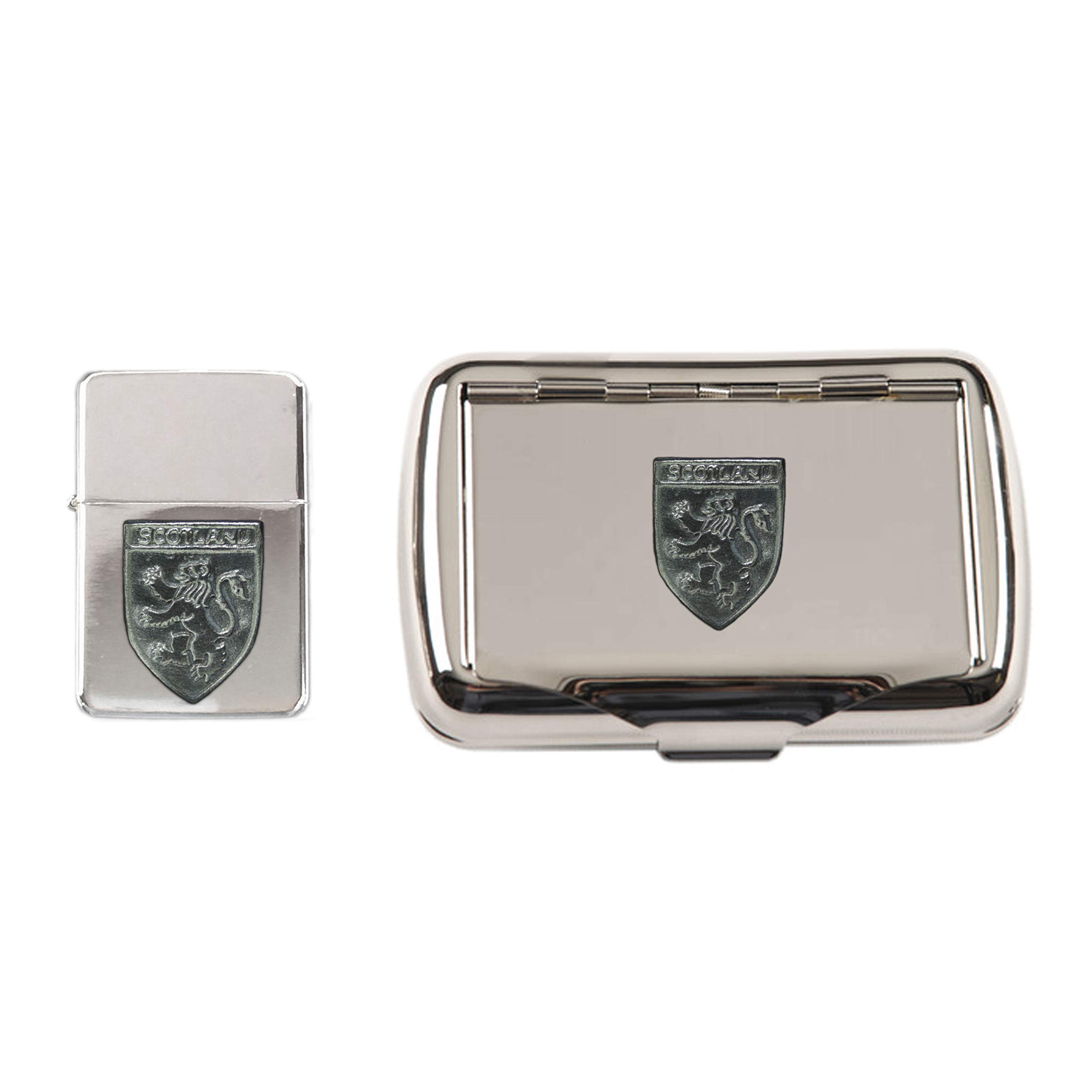 Scotland Polished Chrome Tobacco tin and stormproof Petrol Lighter