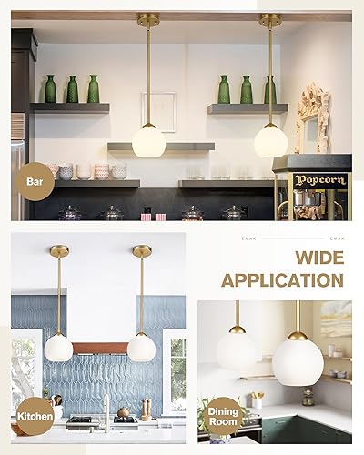 Miniatura 6 de Emak PL119-GD-ML-2PK - Lámpara colgante de globo de 7 pulgadas con pantalla de vidrio de leche, 1 luz colgante para isla de cocina, baño, comedor,