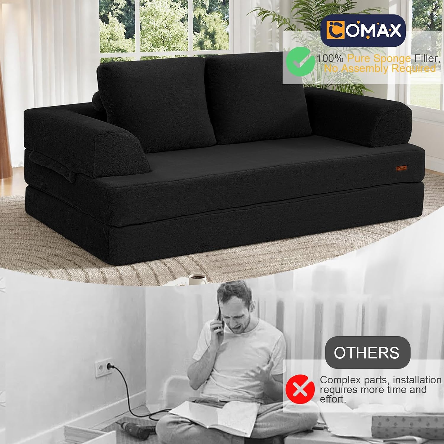 Convertible Sofa Bed Folding Floor Couch Futon Sleeper Mattress Faux Fur Black