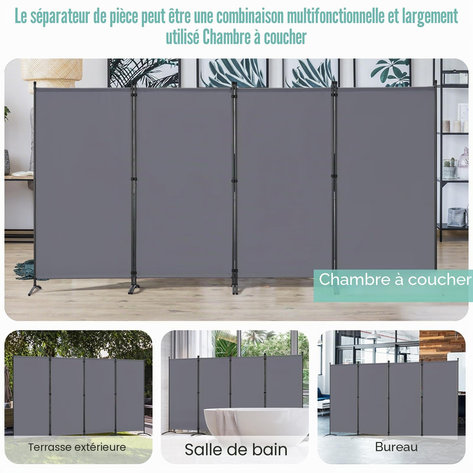 Angel Living Paravent de Protection à 4 Panneaux, cloison de séparation Pliable pour Salon, Jardin, extérieur, 324 x 180 cm (Gris)