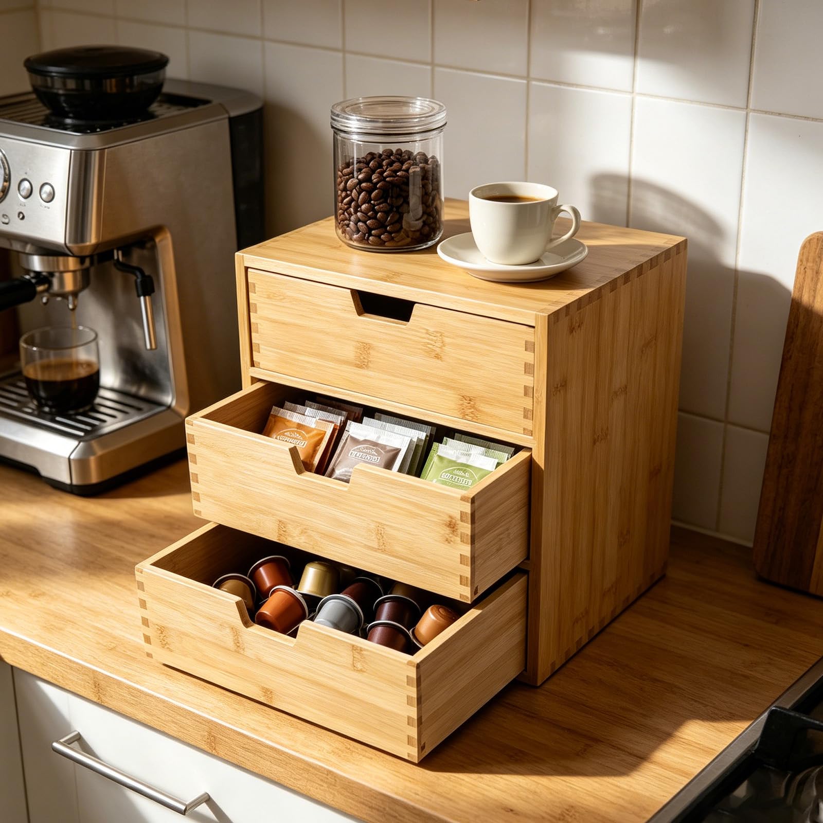 EFUTURETIME Organizer da Scrivania con 3 Cassetti in Legno, 28,5 x 20 x 28,5 cm, Piccola Cassettiera Scrivania, Scatola Portaoggetti in Bambù per Bustine di Tè, Capsule di Caffè, Penne, Cosmetici