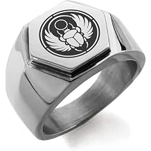 Stainless Steel Scarab Beetle Sun Ring Hexagon Crest Flat Top Biker Style Polished Ring