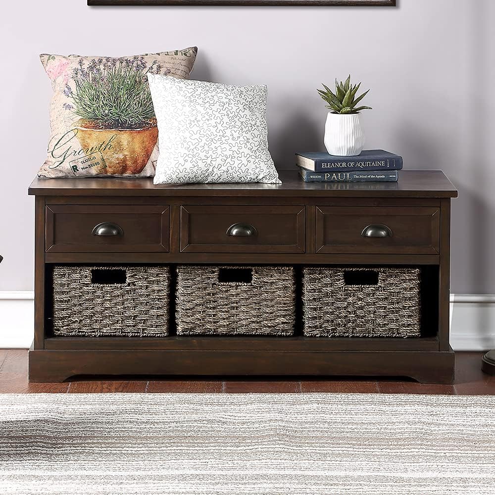 P PURLOVE Storage Bench Homes Collection Wicker Storage Bench with 3 Drawers and 3 Woven Baskets, Wood Entryway Shoe Bench for Hallway, Entryway, Mudroom and Living Room
