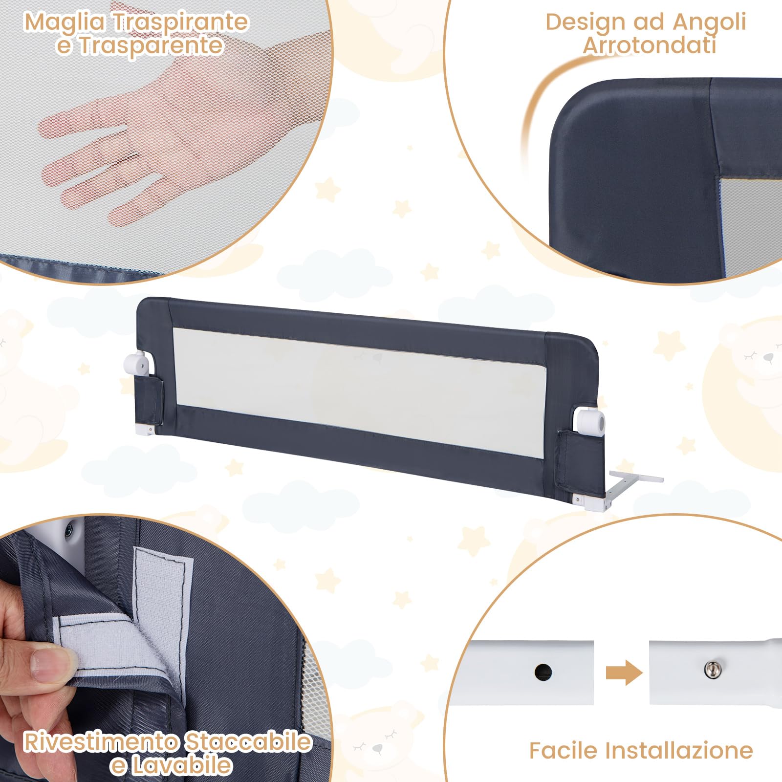COSTWAY Sponda Letto per Bambini 105/120/150 cm, Barriera di Sicurezza per Neonati, Barriera Letto Pieghevole e Portatile, con Cinghia di Sicurezza (Grigio, 152 x 34 x 42 cm)