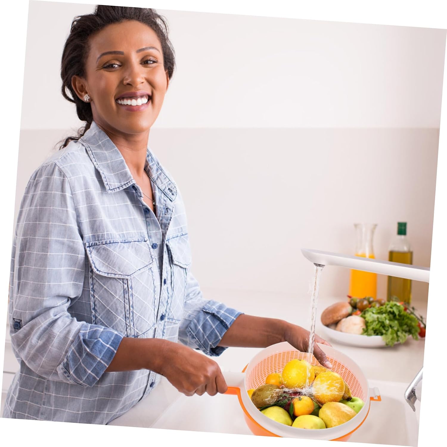 COLLBATH Double-layer Vegetable Wash Basket Handle Detachable Strainer Colander for Efficient Draining of Fruits Rice and Pasta Plastic Kitchen Essential Orange