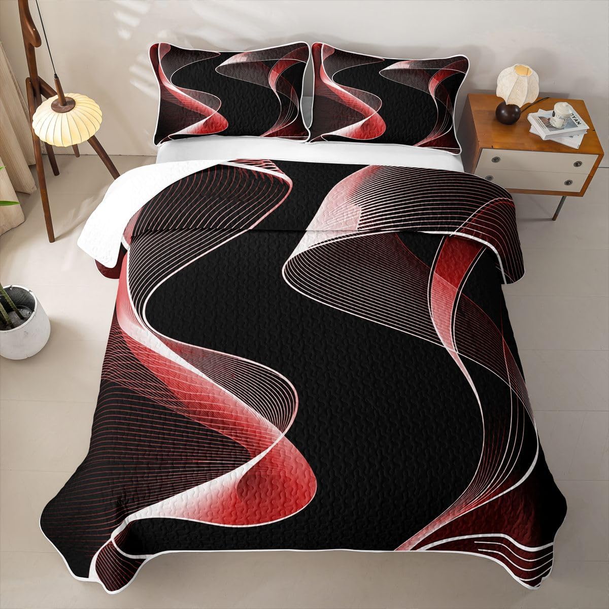 jejeloiu Geometric Red Black Quilt Set King Size Bedspread Kids Boys Girls