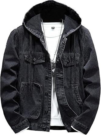 Hoodie Jean Jacket for Men Long Sleeve Slim Fit Casual Denim Jacket Distressed Trucker Outwear with Hood