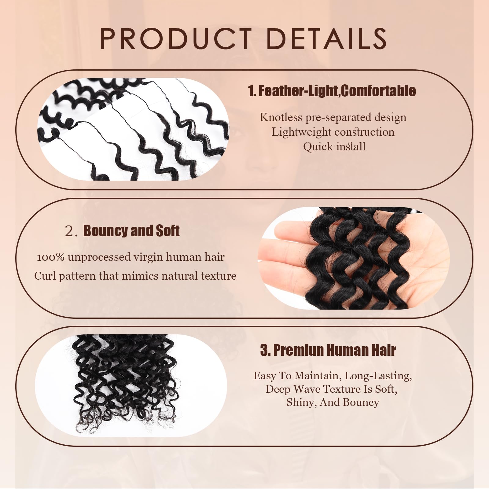 Extension di capelli umani all'uncinetto, per donne nere, con piume, all'uncinetto, ondulati, capelli umani ondulati, 40,6 cm, 150 g, pre-separati, invisibili, 40 cm, 150 g