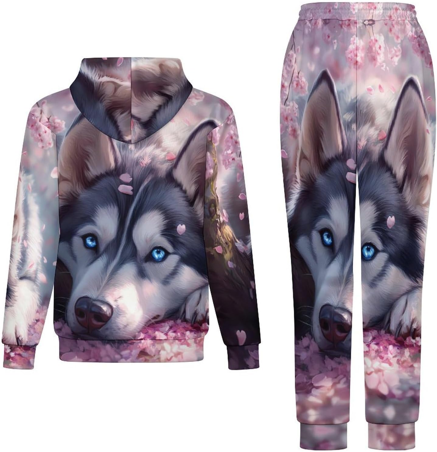 Cute Dog Husky Adult 2 Piece Tracksuits Hoodie Sweatshirt And Joggers Sweatpants Sweat Suit Outfits