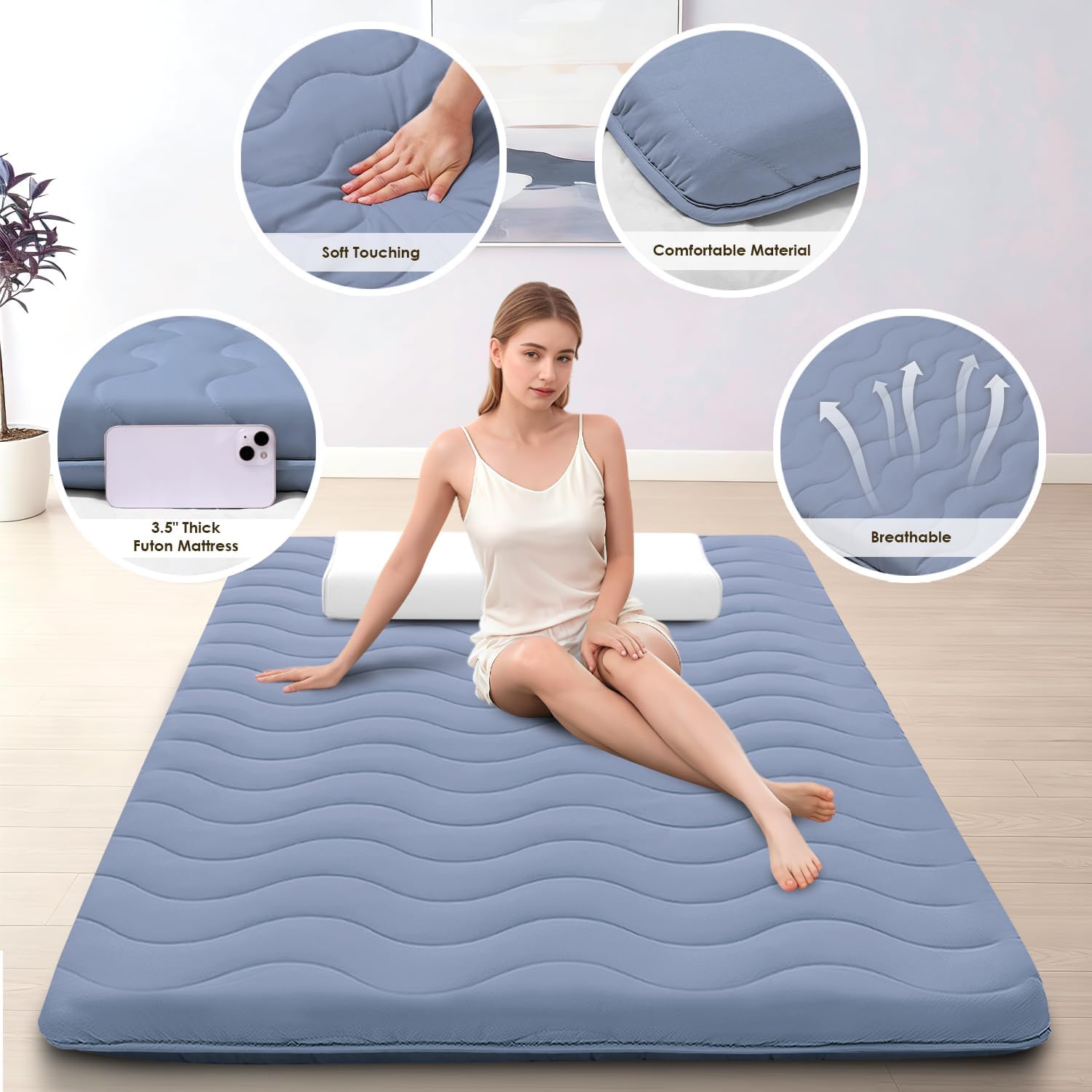 Japanese Floor Mattress, 100% High Density Comfortable Foam, 4" Thicken Foldable Mattress Tatami Mat Sleeping Pad, Ideal for Comfort and Support, Kids Floor Lounger Pillow Bed Sofa, Blue, Full