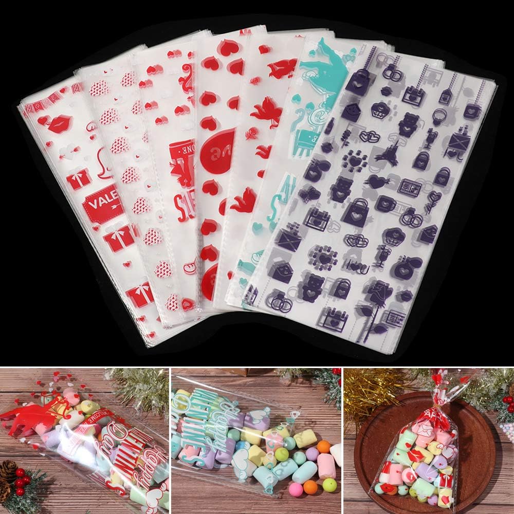 50Pcs Plastic Bags for Cookie,Cake,Chocolate,Candy DIY Popcorn Pocket Love Pattern Wedding Favors Gift Pouch Flat-Shaped Valentine's Day (C)