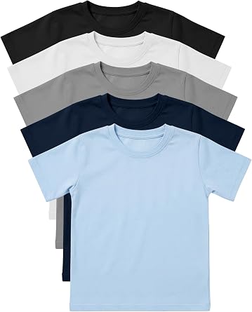 5 Pack Toddler Boys Plain T-shirts, Soft Cotton, Sweat Stripe, 2-14Y | Active Short Sleeve Tees, Tagless Neck, Moisture-wicking for Toddlers and Teen Sports Undershirts