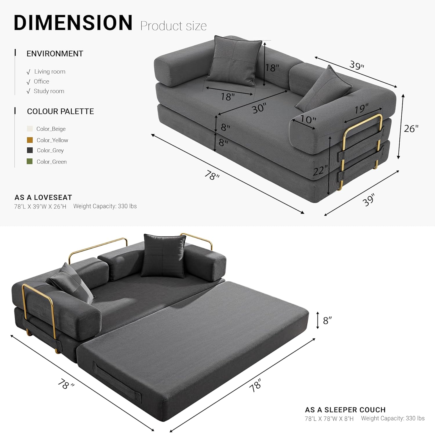 Convertible Sleeper Sofa Bed, Corduroy Folding Sofa Bed with Fixed-Shape Frame, Fold Out Floor Mattress Couch, Lazy Compression Sofa for Living Room, Bedroom, No Assembly Required, Grey