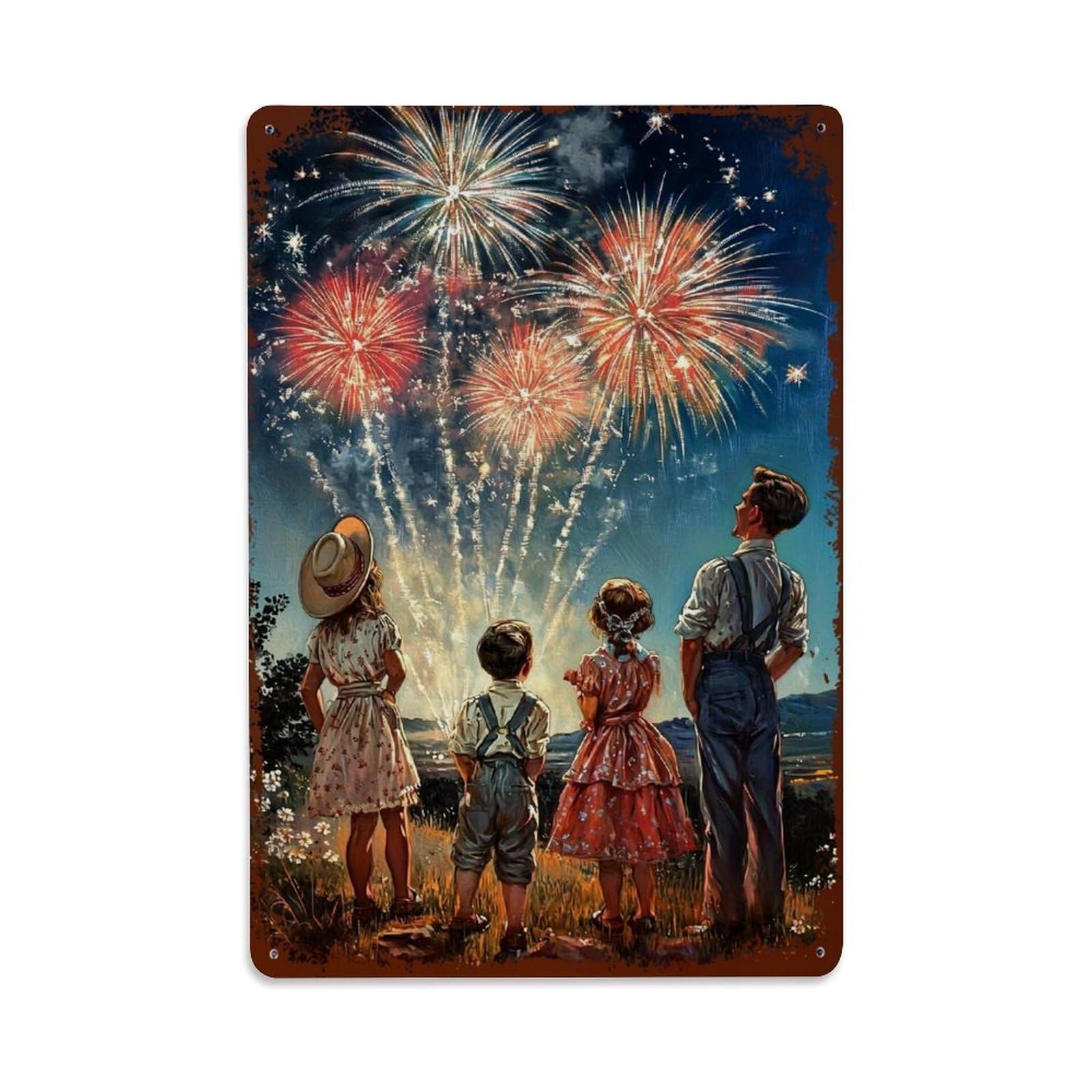 Jdfenggu Vintage Fireworks Sky Family Celebration Night Retro Metal Tin Sign, Decor Art Poster For Bar, Home, Man Cave, Kitchen, Laundry Room Gift 8X12inch