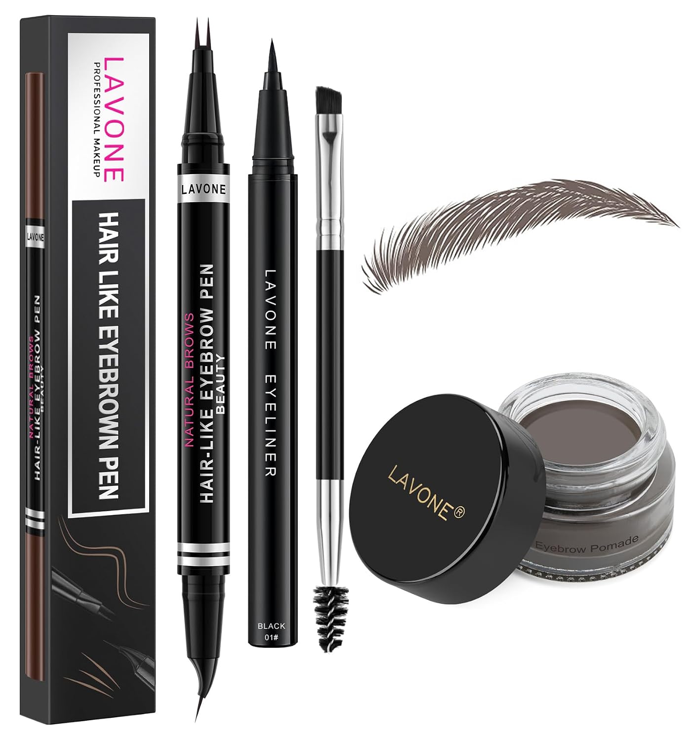 Waterproof Eyebrow Pen Kit, Pomade Eyeliner & Brush, Ebony