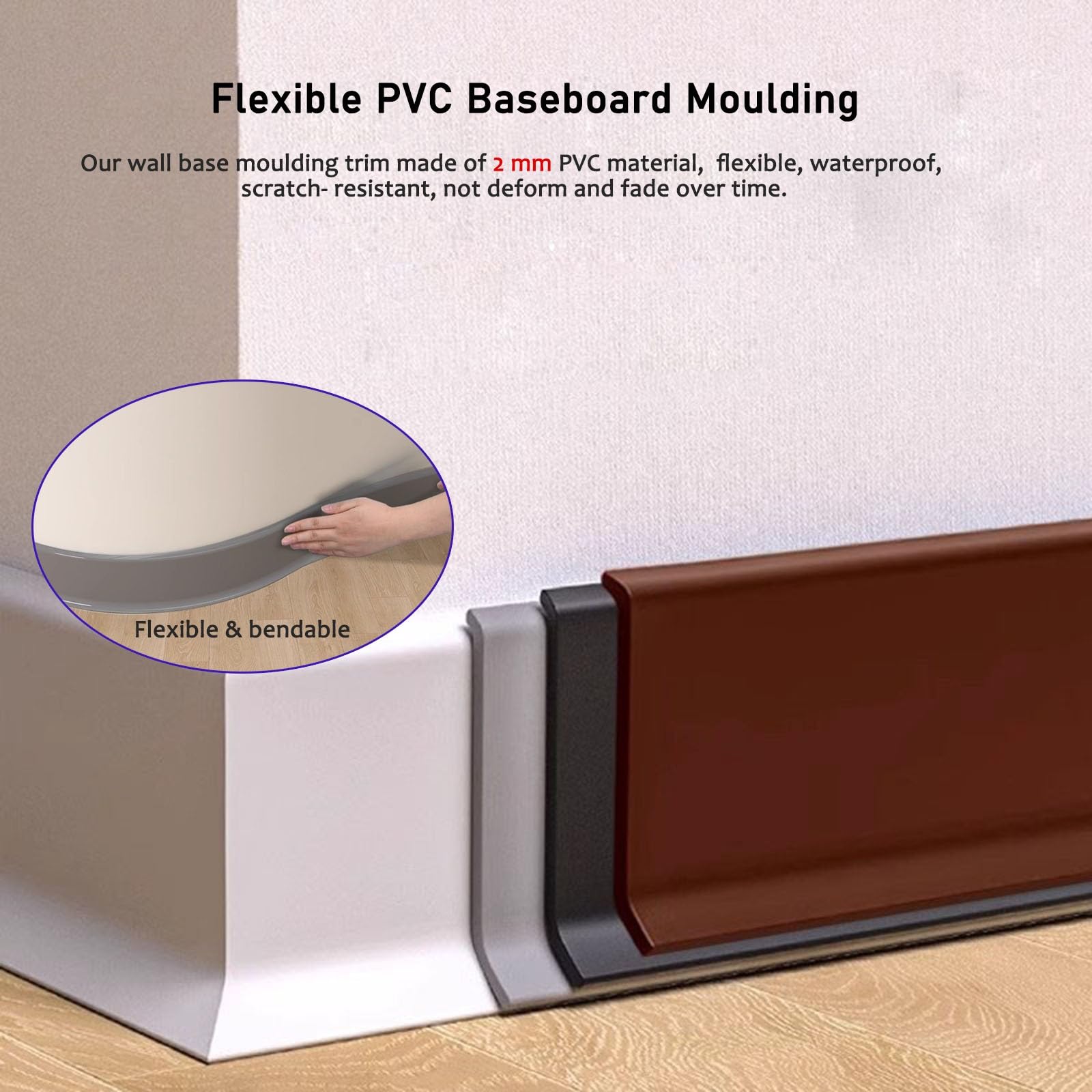 Rodapié flexible de PVC negro de 178 cm, autoadhesivo, flexible, para cocina, oficina, repelente al polvo y la suciedad, de 3 pulgadas de ancho, ideal para longitudes de 40 a 100 pulgadas.