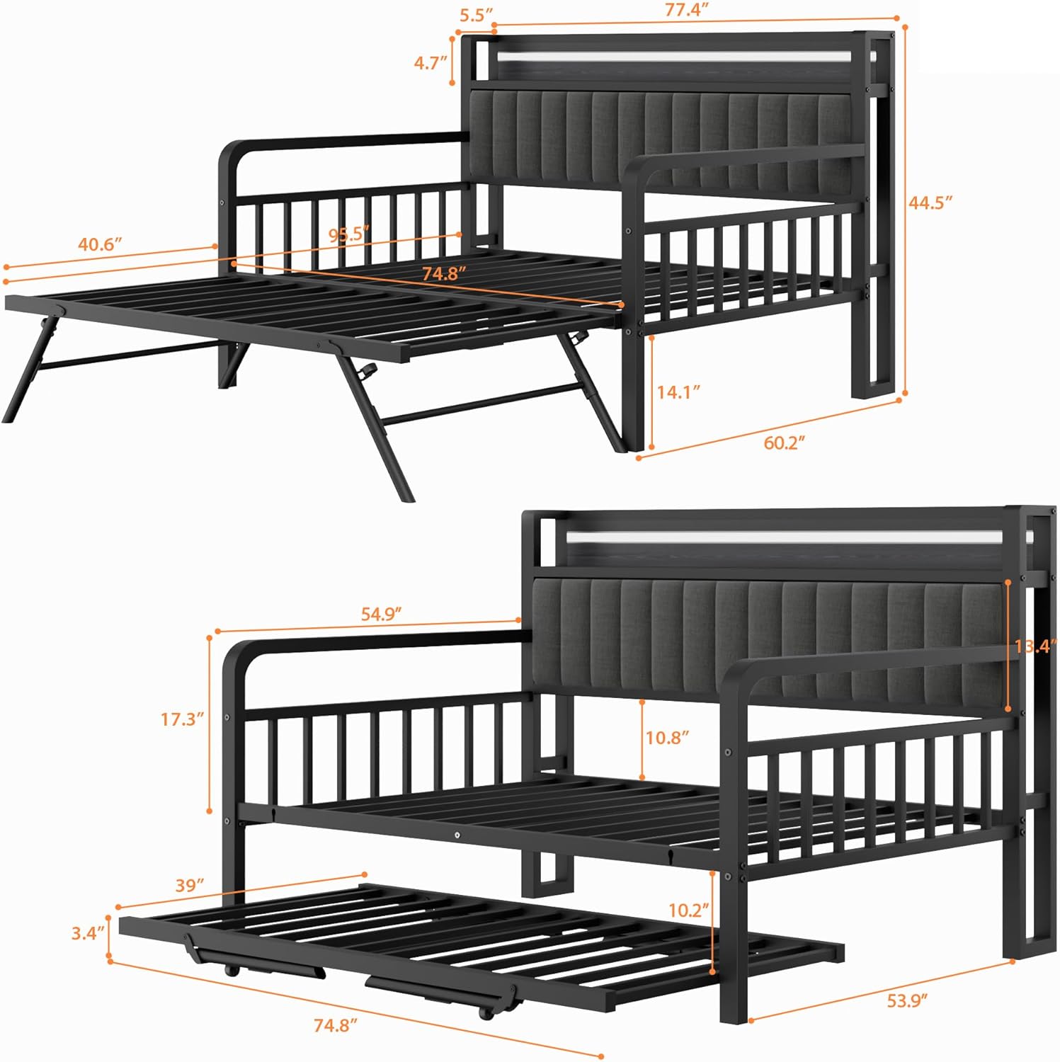 Technical diagram showing the dimensions of the daybed and trundle