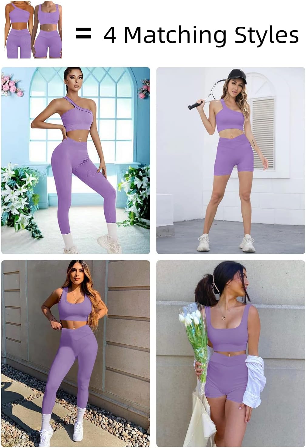 Workout Sets for Women,Two Piece Sexy Crossover Shorts Matching Set Cut One Shoulder Crop Tank Top 2 Piece Outfits 4 Packs - Image 2
