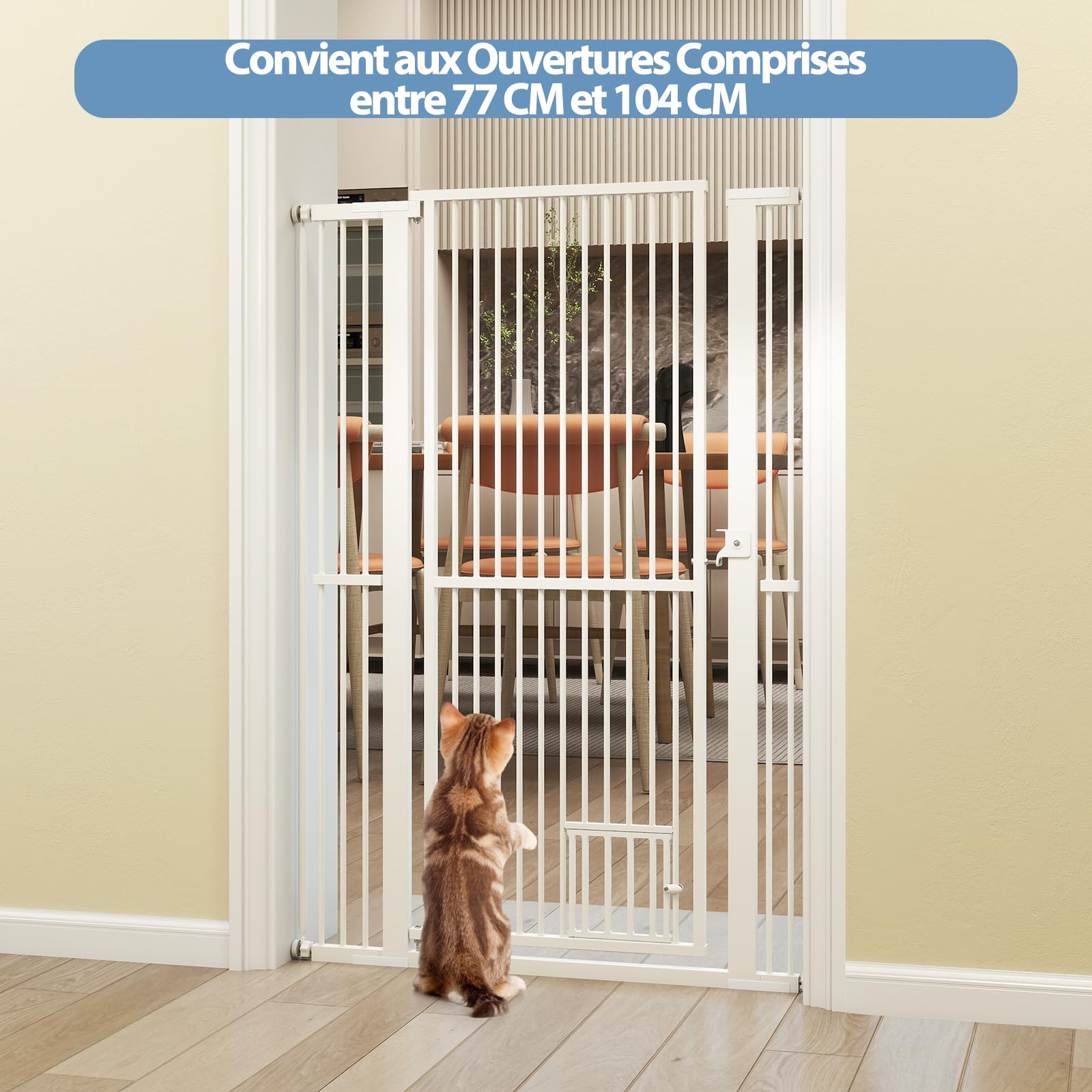 COSTWAY Barriere de Securite Chien, Barrière Chien Chat en Métal, Ouverture 77-104 cm, 2 Extensions, Porte Verrouillable, Barriere sans Perçage pour Porte Cuisine, Pression/Matériel Monté (150 cm)