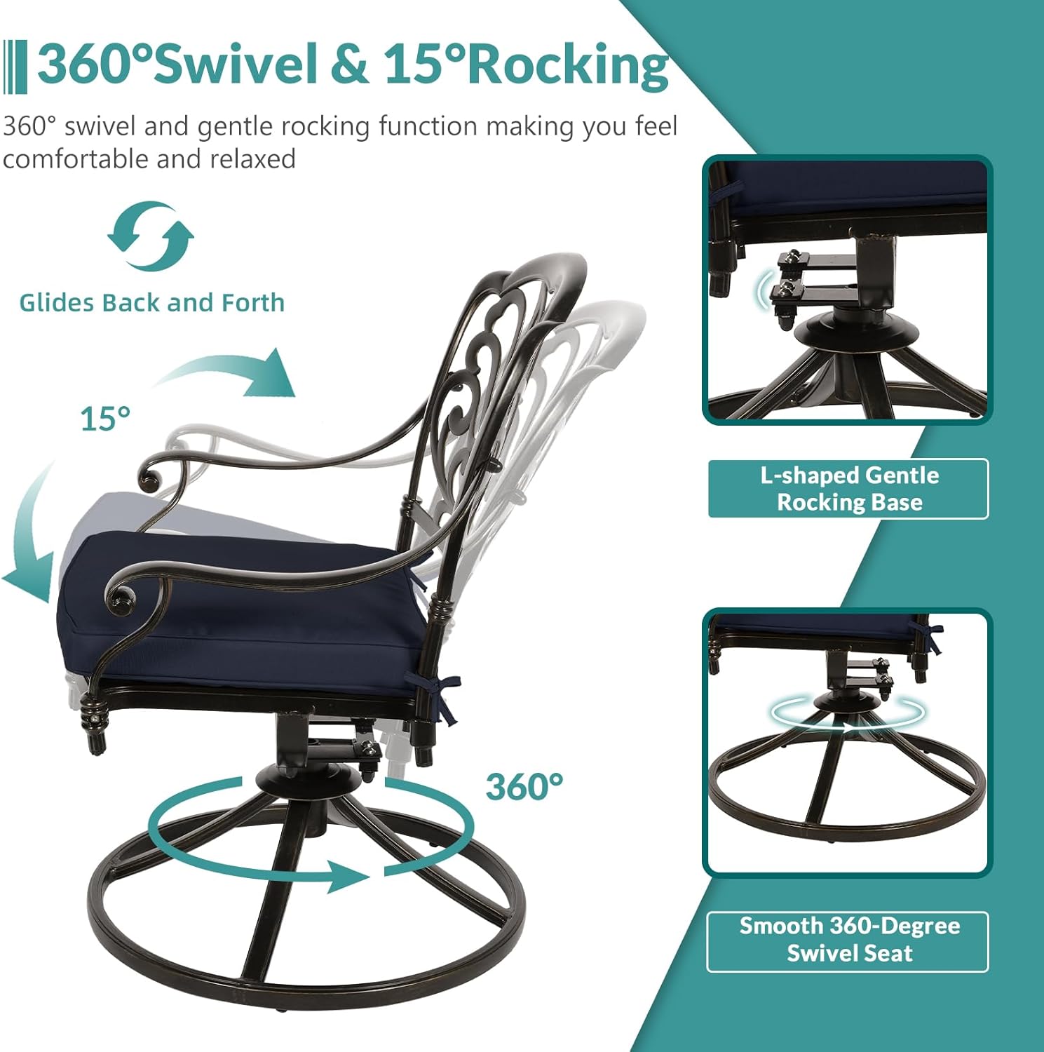 MEETWARM 9-Piece Outdoor Patio Dining Set for 8, All Weather Cast Aluminum Patio Funiture Table and Chairs Set- Large 64" Square Table and 8 Cushioned Swivel Rocker Chairs, Umbrella Hole, Navy Blue