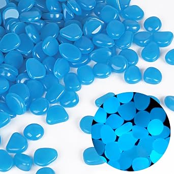 Oubest Glow in The Dark Rocks for Outdoor Landscaping Garden Stones, 0.8 Inch Blue Glow Pebbles Luminous Stones Decorative Rocks for Vases Pathway Walkway Yard Patio Fountain Driveway, 150PCS, Blue