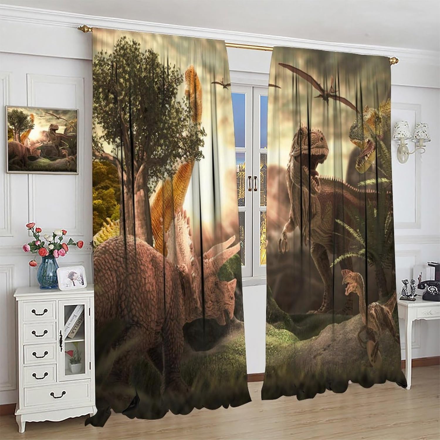Brebasf Watercolor Tropical Dinosaur Theme Blackout Rod Pocket Curtains,Rustic Jurassic Forest Wildlife Pterodactyl Triceratops Dino Thermal Insulation Room Darkening Window 2 Panels 54" L x 21" W