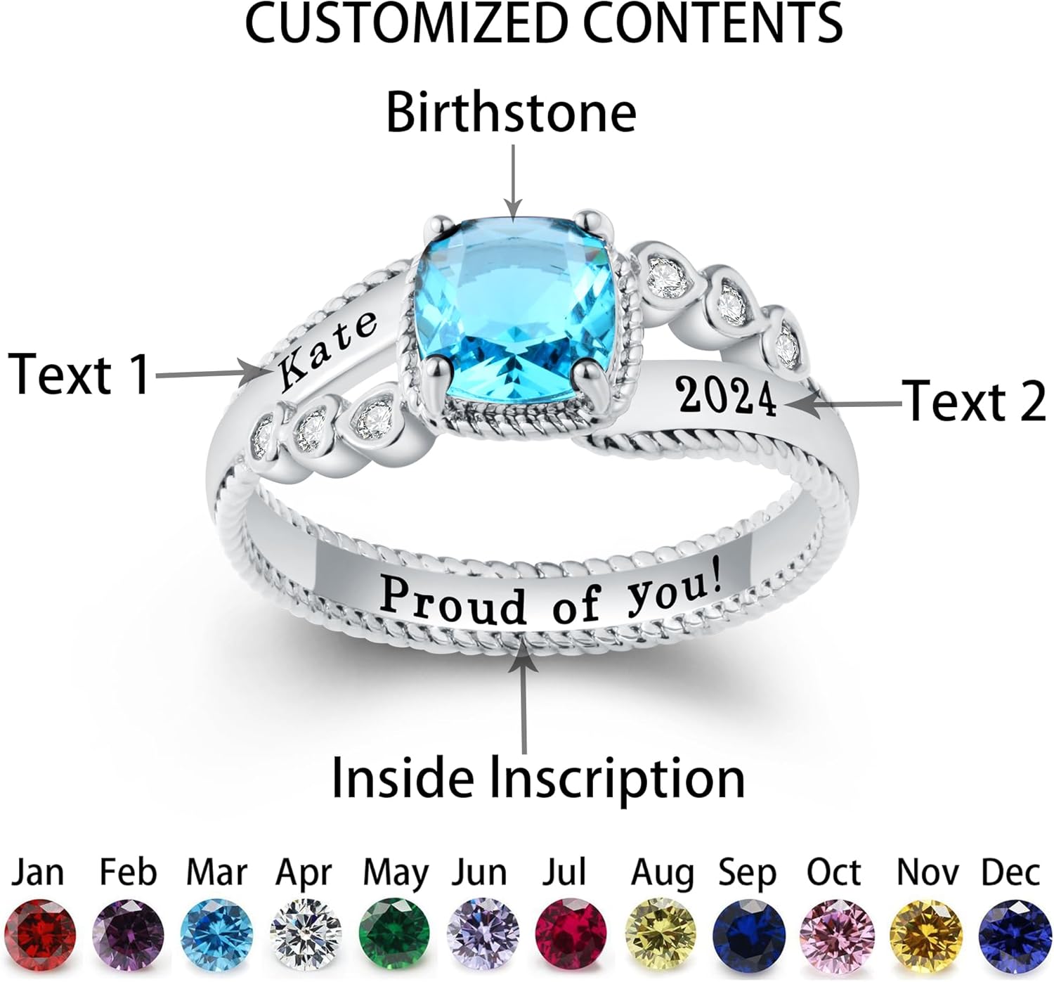 Personalized Custom Class Rings Cubic Zirconia Birthstone Rings Class Rings for Women High School 925 Sterling Silver Women's Rings Women's Class Rings Size 5-15 Graduation Rings for Women