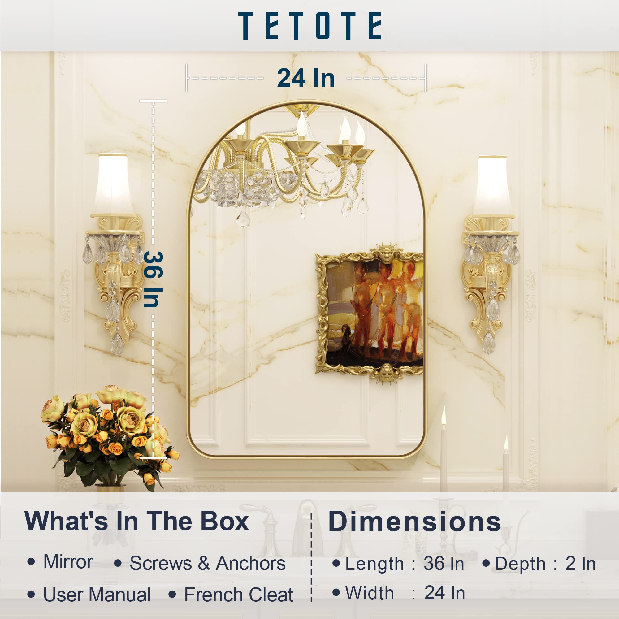 TETOTE Gold Arched Mirror for Bathroom, 24x36 Wall Mounted Vanity Mirror, Brushed Brass Metal Framed Farmhouse Mirrors for Makeup, Decorative Shatterproof Mirror for Entryway, Living Room, Fireplace